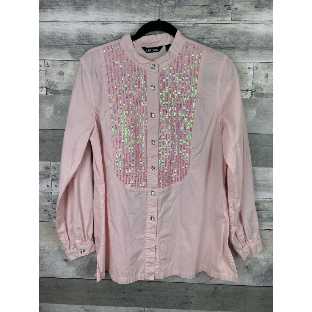 Chit Chat Women's Large Pink Button Up Blouse With Sequence